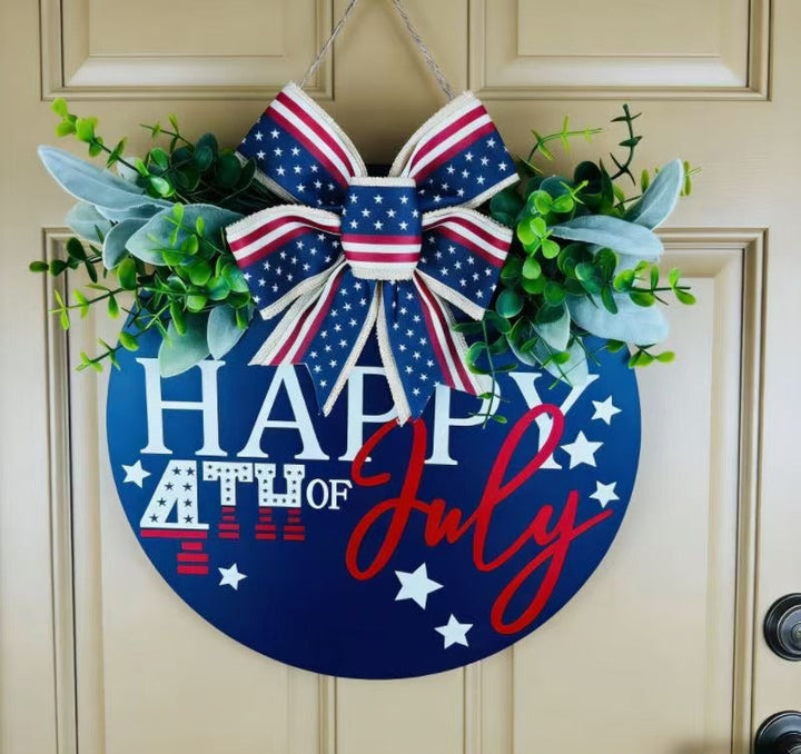 Unisex nan Patriotic Round Wooden Door Sign with Bow and Faux Greenery Kalsten