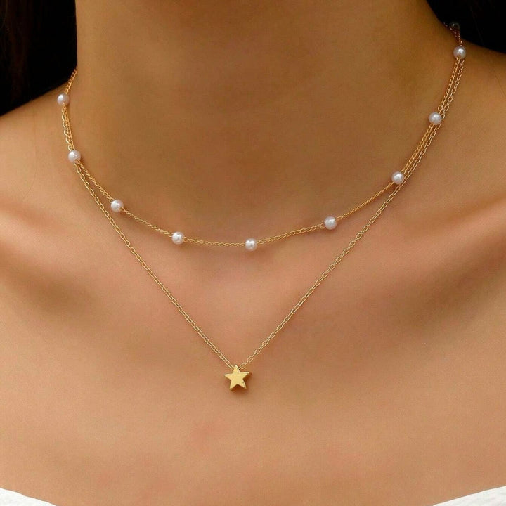 Layered Pearl and Star Pendant Necklace Kalsten