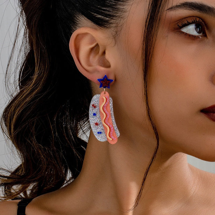 Women's original statement earrings in hotdog design with star stud and layered acrylic mix Kalsten