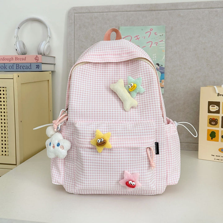 Gingham Print Character-Embellished School Backpack