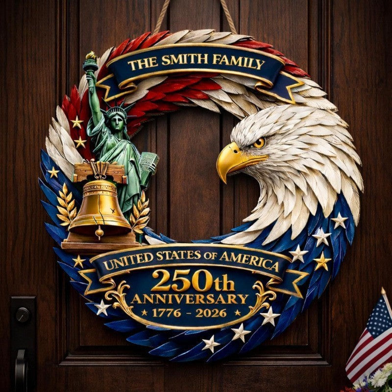 Independence Day patriotic front door wreath with Eagle Statue of Liberty and Liberty Bell accents Kalsten