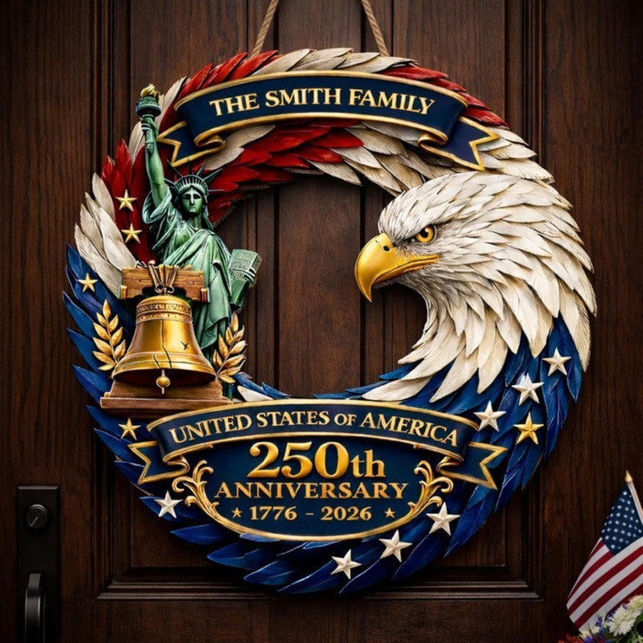 Independence Day patriotic front door wreath with Eagle Statue of Liberty and Liberty Bell accents Kalsten