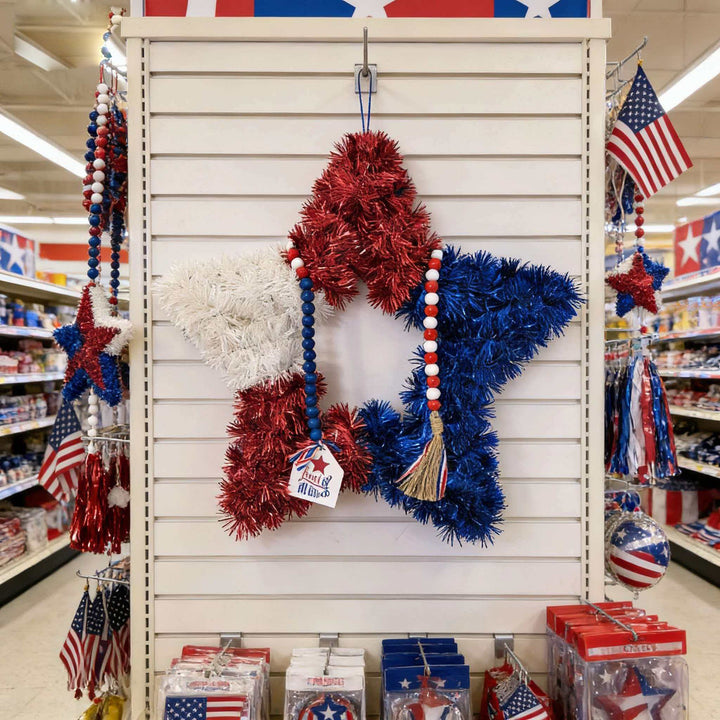 Unisex nan patriotic star door wreath made of artificial tinsel with wooden bead tassel and hanging pendant Kalsten