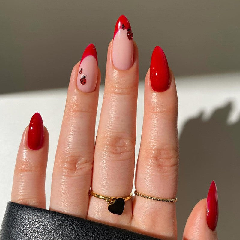 Whimsical Press-On Nail Set with Ladybug and Glossy Finish Acalora