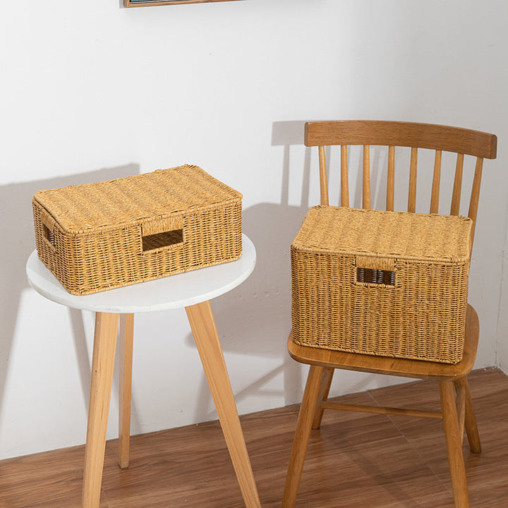 Women's Rectangular Storage Basket with Lid made of Natural Material Kalsten