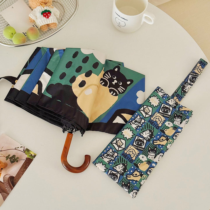 Women's Foldable Umbrella with Playful Cat Pattern Kalsten