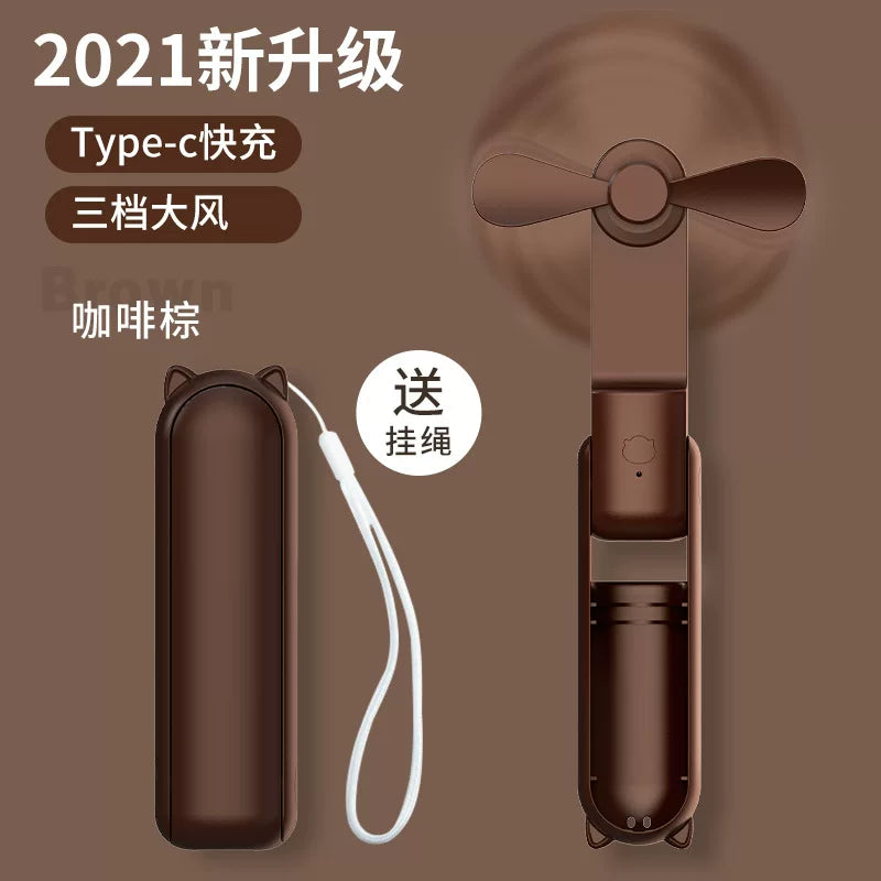 Unisex One Size Foldable Rechargeable Triple Handheld Mini Fan with Integrated Power Bank USB-C and USB-A Ports and Wrist Strap Kalsten