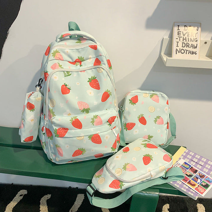 Stylish Strawberry Print Backpack Set