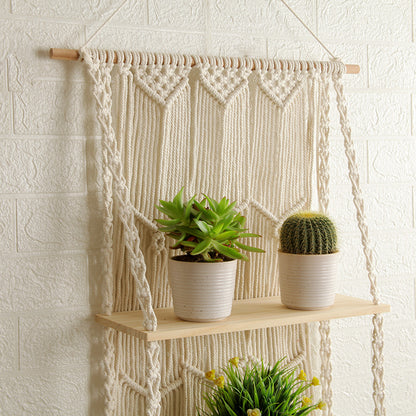 Decorative Wall-Mounted Macrame Shelf with Natural Wooden Accents Acalora