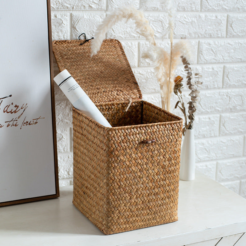 Unisex Rectangular Storage Basket with Lid made of Natural Material Kalsten