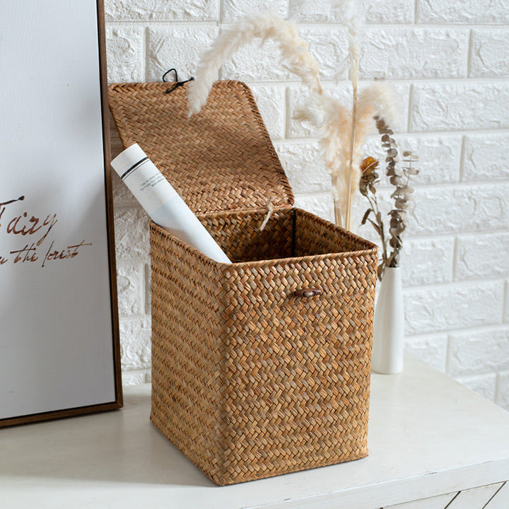 Unisex Rectangular Storage Basket with Lid made of Natural Material Kalsten
