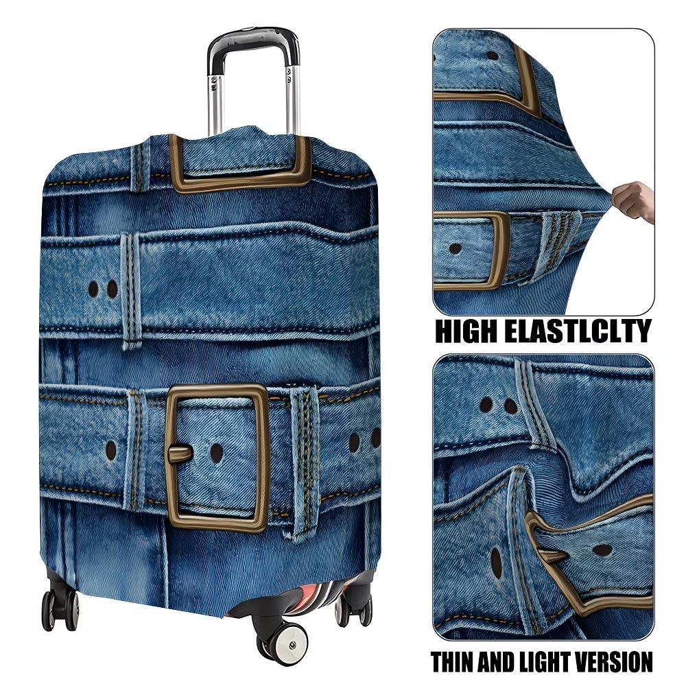 Unisex stylish suitcase cover with denim belt motif, elastic protective cover for rolling suitcase Kalsten