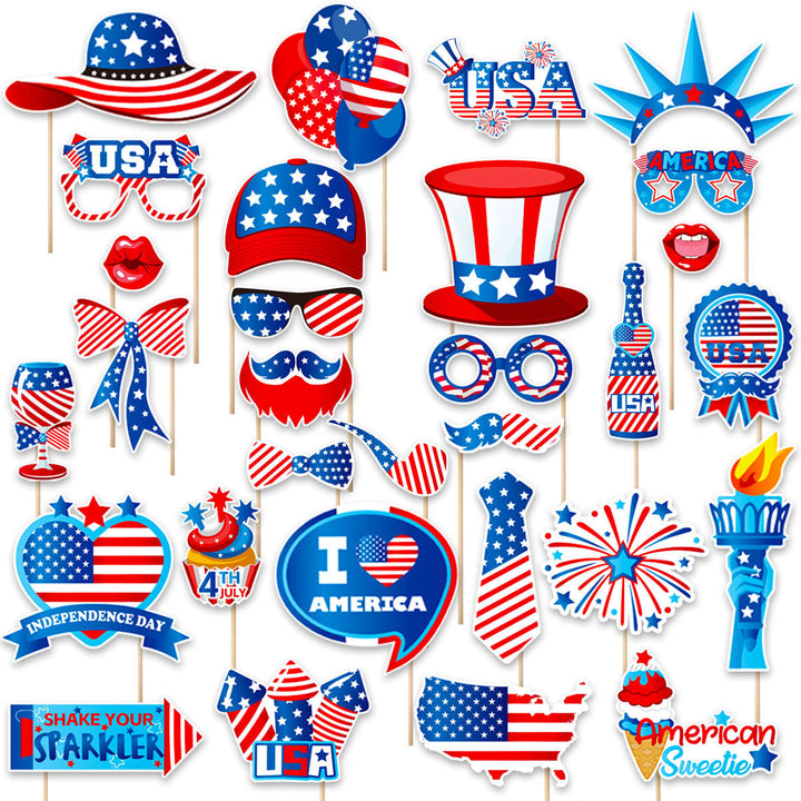 Unisex photo props set with self-adhesive USA-themed stickers, wooden sticks, and adhesive pads Kalsten