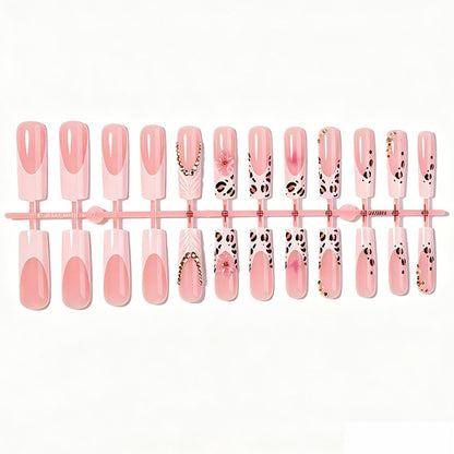 Decorative Press-On Nails Set with Artistic Leopard and Floral Accents Acalora