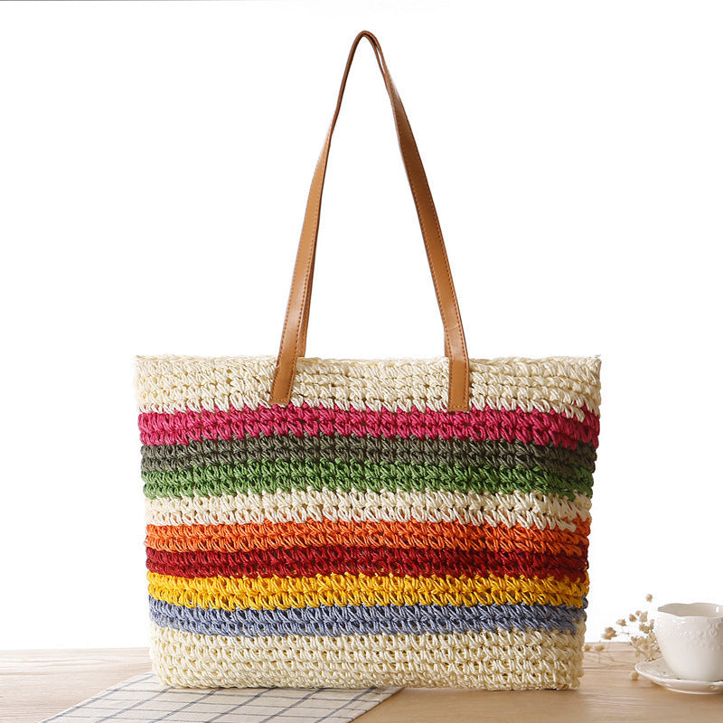 Handwoven raffia tote bag with colorful stripes Kalsten