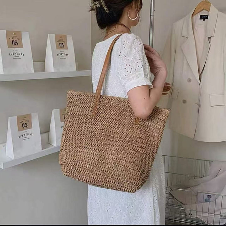 Handbag Made of Woven Natural Material with Leather Carrying Handles Kalsten