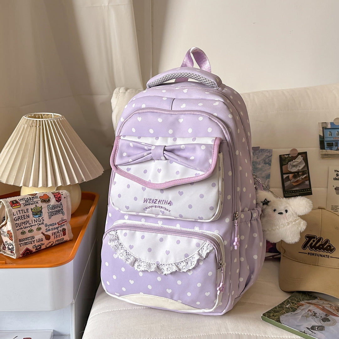 Charming Bow-Embellished Polka Dot School Backpack