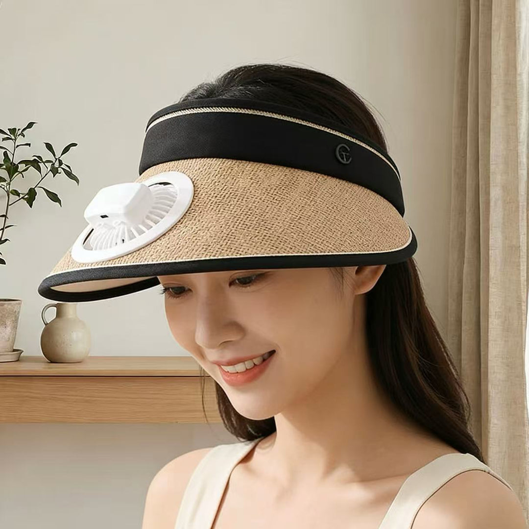 Air-cooled straw hat with detachable battery fan and elastic headband Kalsten