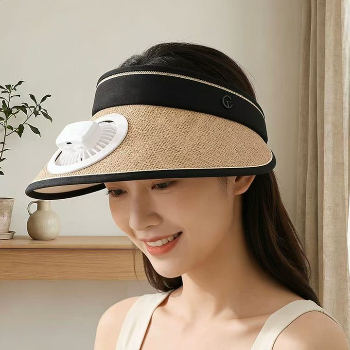 Air-cooled straw hat with detachable battery fan and elastic headband Kalsten