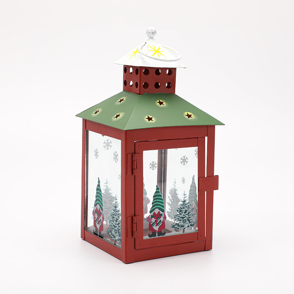 Decorative Holiday Tea Light Lantern with Glass Pane Gnome & Pine Motif Acalora