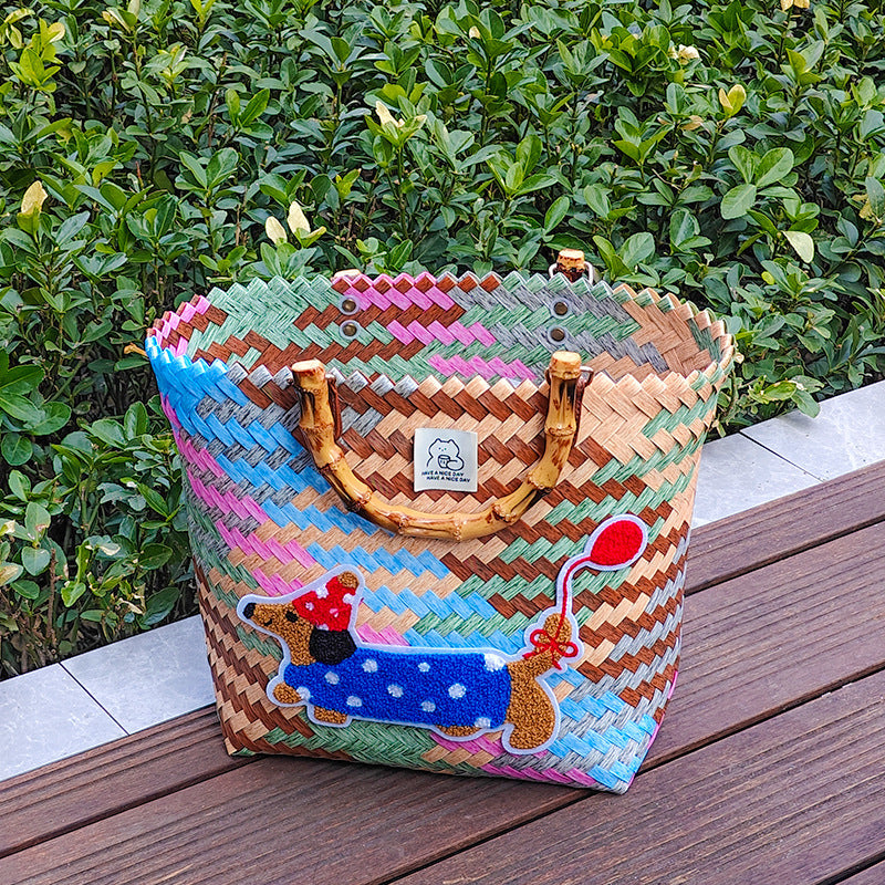 Handcrafted basket bag with colorful animal design Kalsten