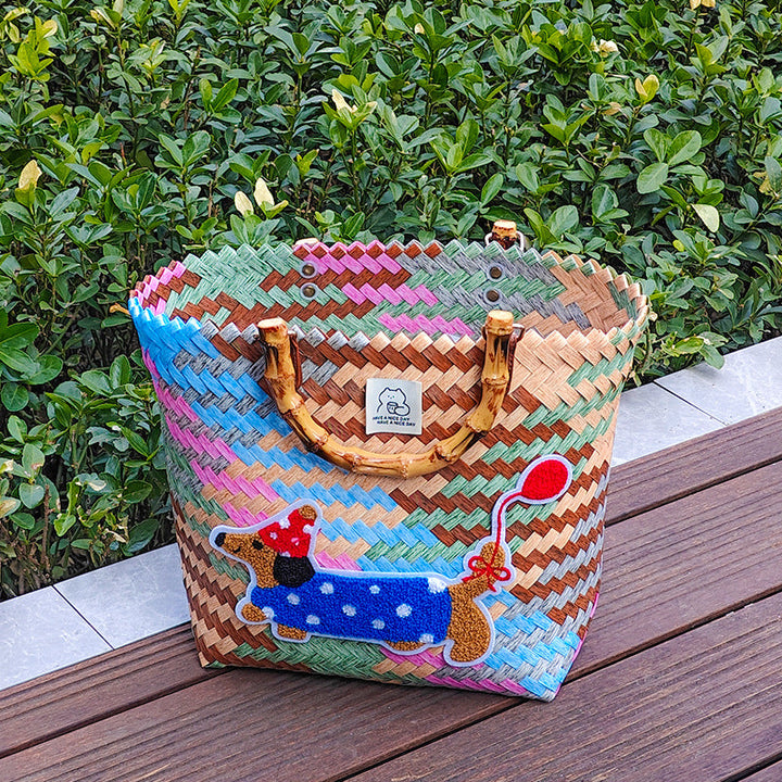 Handcrafted basket bag with colorful animal design Kalsten