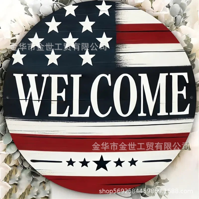 Independence Day rustic round wooden patriotic cross wall plaque with floral accents and God Bless America banner Kalsten