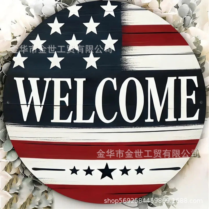 Independence Day rustic round wooden patriotic cross wall plaque with floral accents and God Bless America banner Kalsten