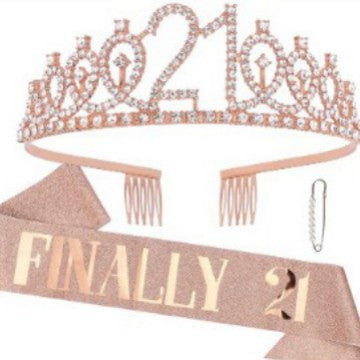 Women Crystal-Embellished Birthday Crown with Personalized Sash Kalsten
