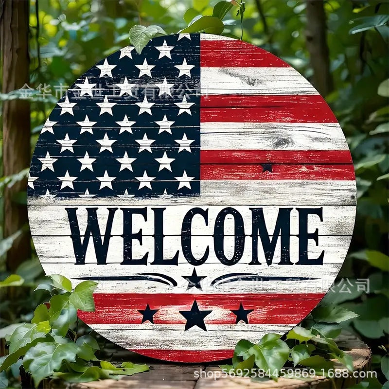 Independence Day rustic round wooden patriotic cross wall plaque with floral accents and God Bless America banner Kalsten