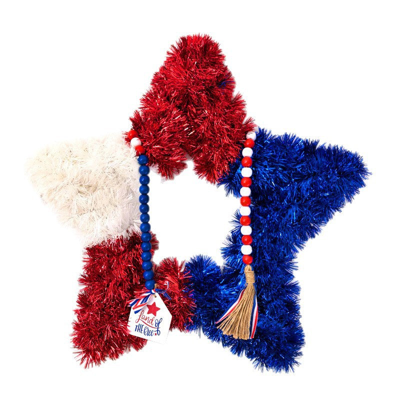 Unisex nan patriotic star door wreath made of artificial tinsel with wooden bead tassel and hanging pendant Kalsten
