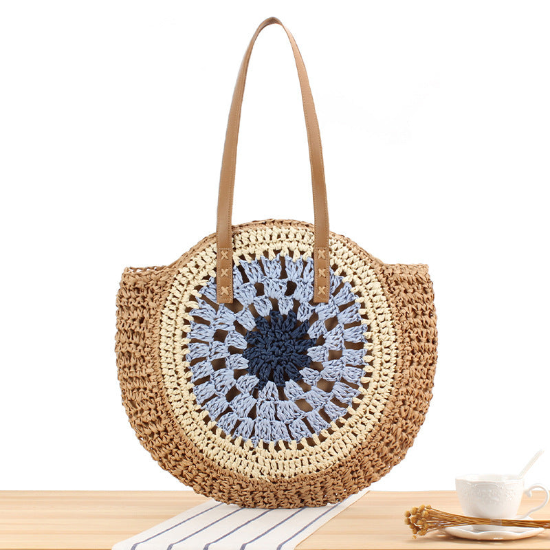 Round Bast Tote Bag with Handwoven Design Kalsten