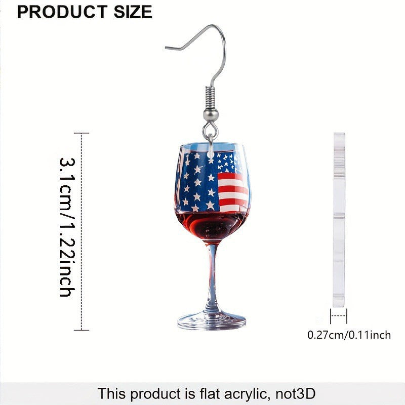 Women's nan novelty wine glass dangle earrings with patriotic American flag enamel Kalsten