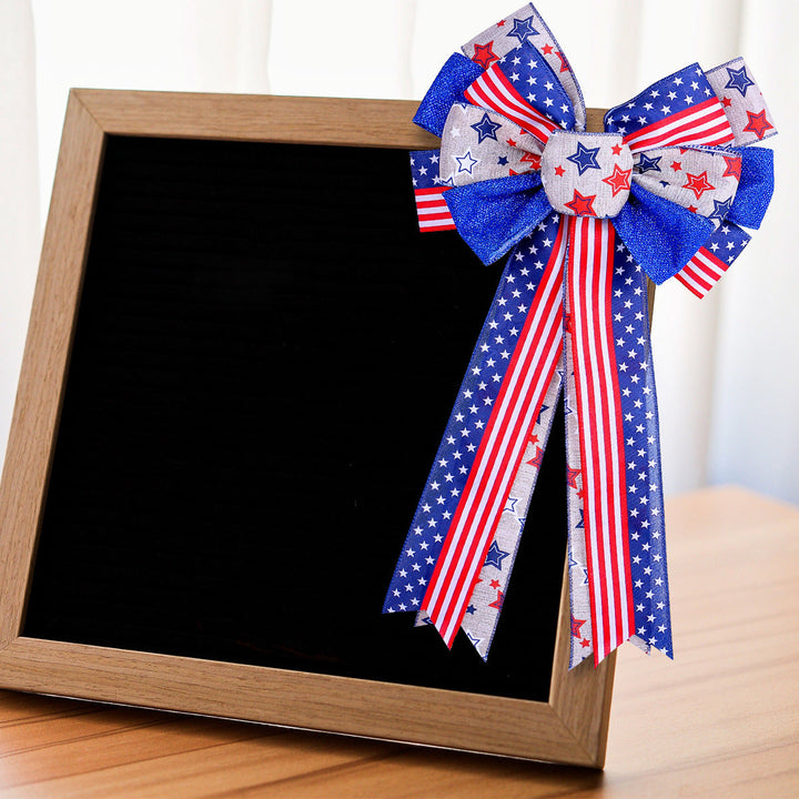 Unisex nan patriotic USA star and stripe ribbon bow set with wired tails and clip attachment Kalsten