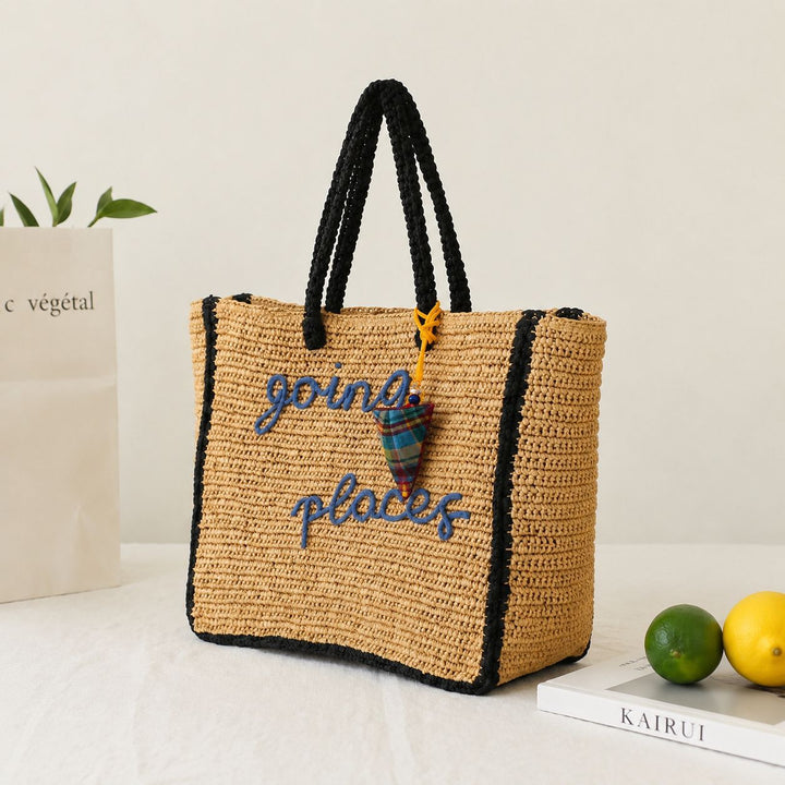 Spacious straw shopping bag with lettering Kalsten