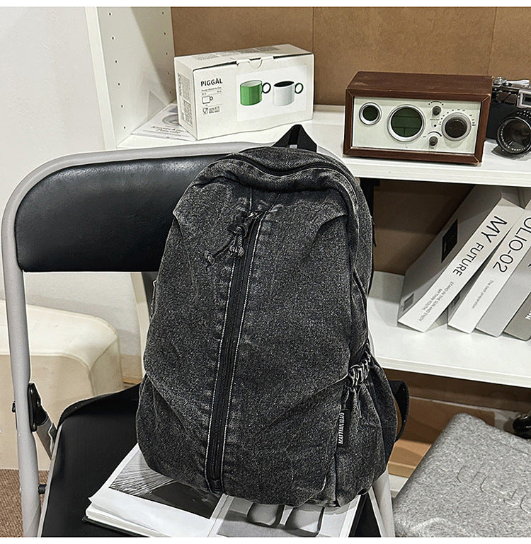 Denim-Textured Casual School Backpack