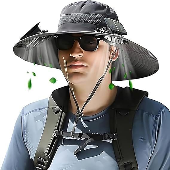 Sun Hat with Wide Brim for Outdoor Use, with Integrated Solar Cells and Adjustable Chin Strap Kalsten