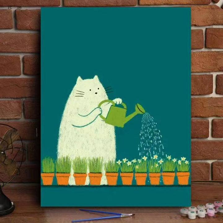 Whimsical Cat Watering Plants Canvas Art Kalsten