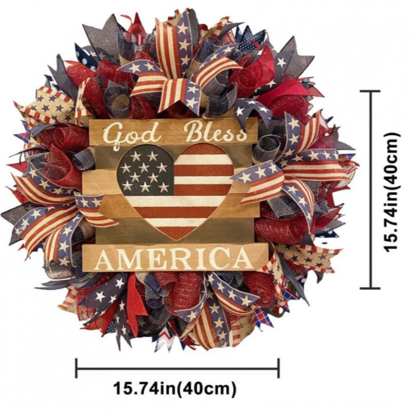 Unisex rustic patriotic door wreath with wooden sign heart motif and bow bouquet Kalsten