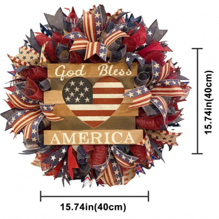 Unisex rustic patriotic door wreath with wooden sign heart motif and bow bouquet Kalsten