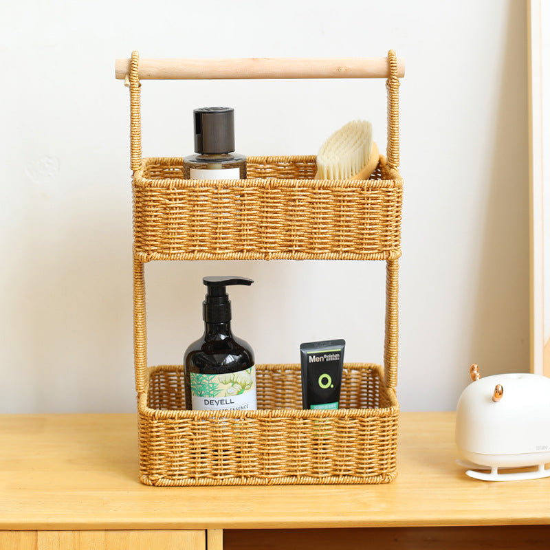 Unisex Two-Tier Storage Basket with Wooden Handle Kalsten