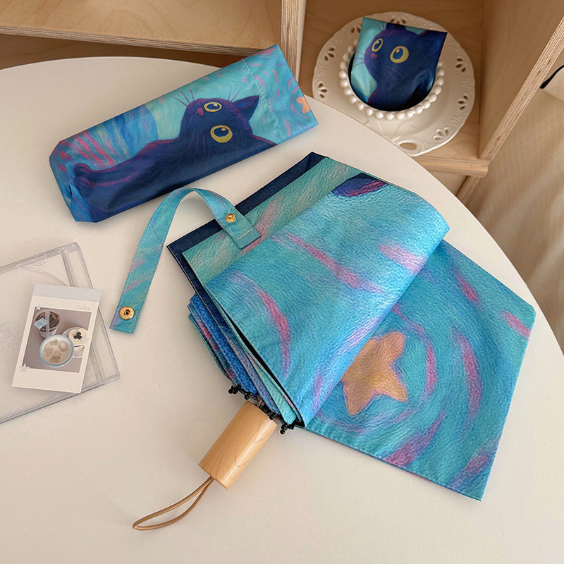 Women's folding umbrella with creative cat design and practical case Kalsten