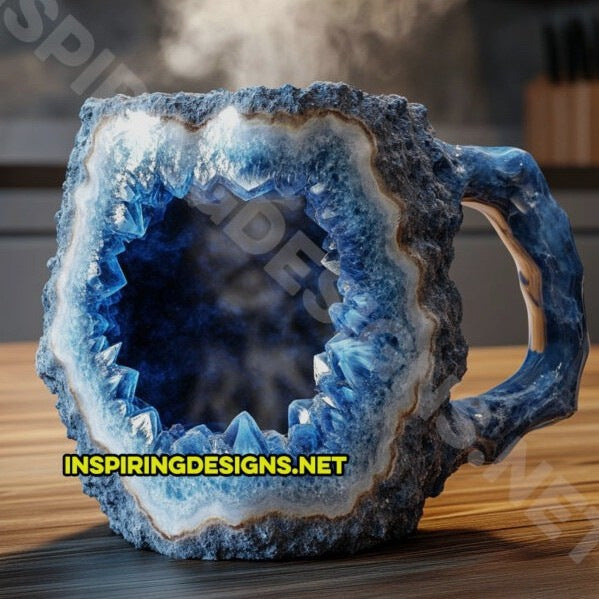 Hand-Carved Natural Agate Geode Coffee Mug With Polished Rim And Crystalline Interior