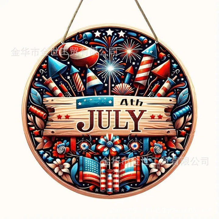 Independence Day rustic round wooden patriotic cross wall plaque with floral accents and God Bless America banner Kalsten