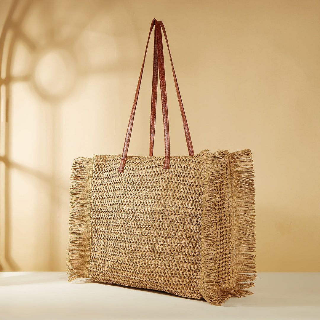 Large Woven Beach Bag with Fringes and Leather Handles Kalsten