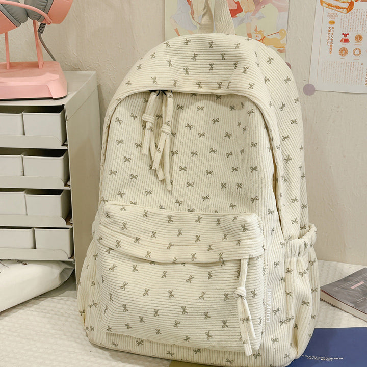 Charming Bow-Embellished Corduroy School Backpack