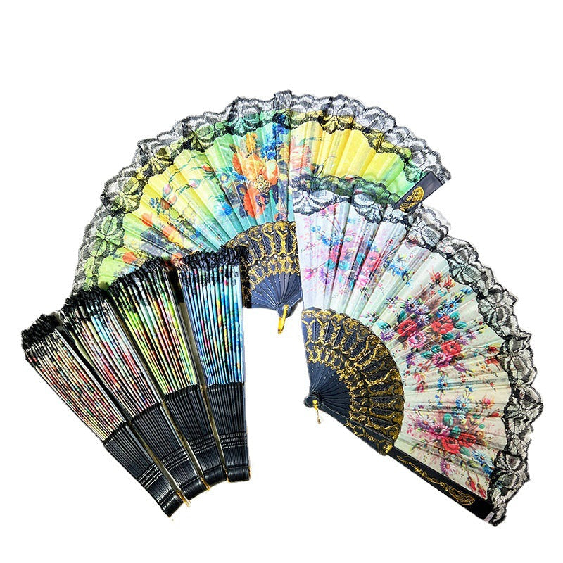 Ladies Elegant Hand Fan with Floral Design and Lace Edges Kalsten