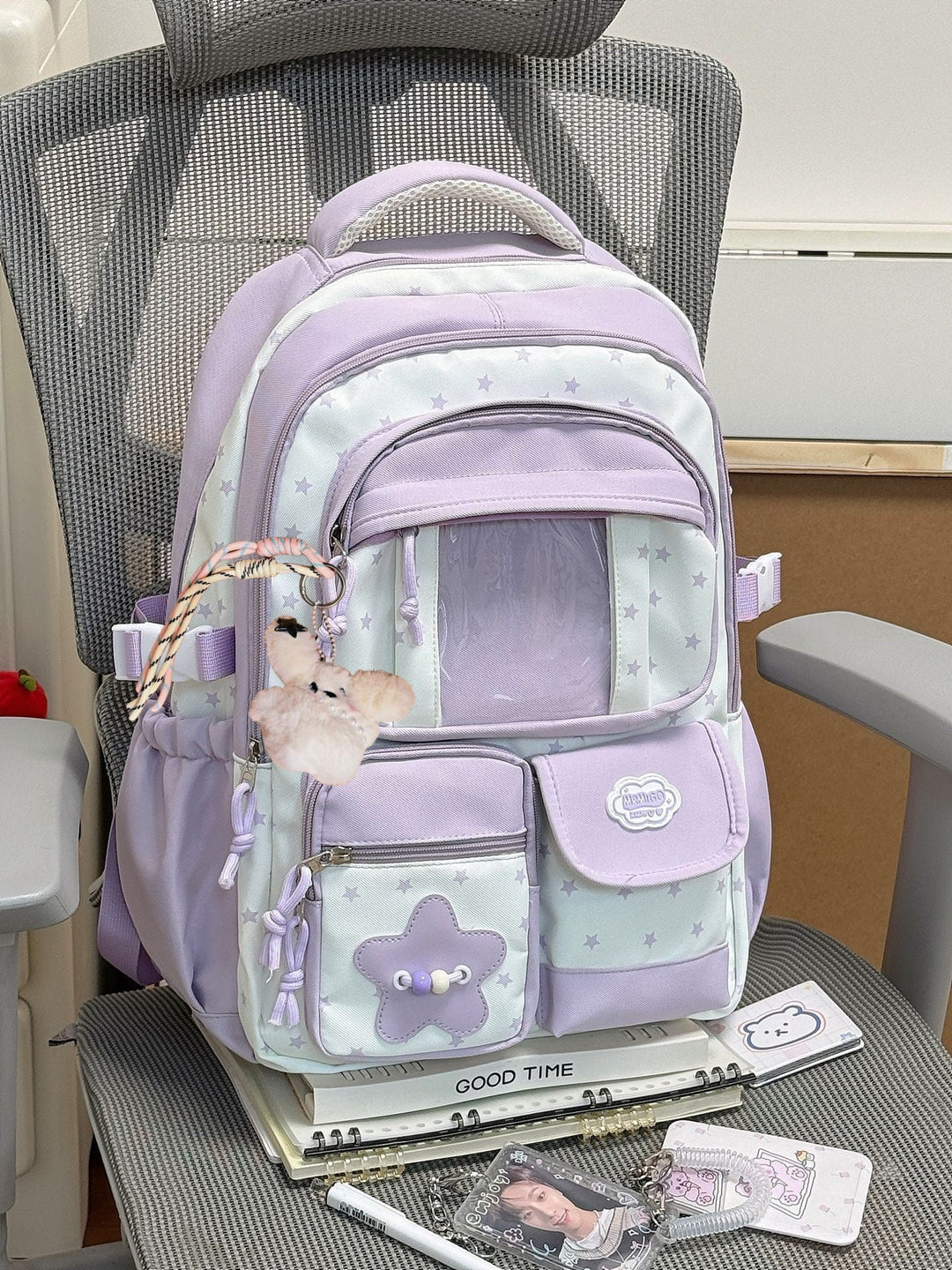 Cute Star-Print Multi-Pocket School Backpack