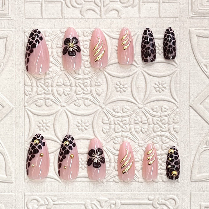 Artistic Press-On Nail Set with Floral and Leopard Accent Kalsten