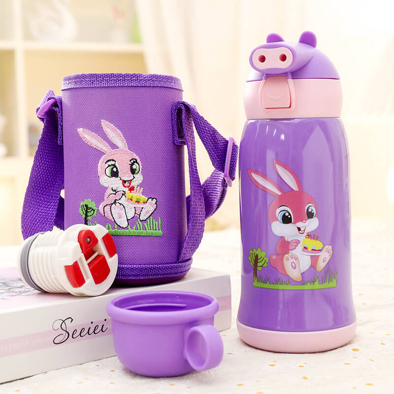 Women's Insulated Water Bottle with Cute Rabbit Design and Practical Carry Strap Kalsten